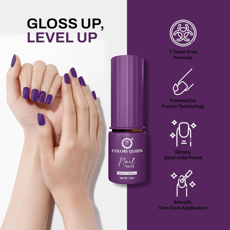 Colors Queen Nail Trend Glossy Nail Polish | Chip Resisting & Quick Drying Nail Paint with High Shine | 7 Toxin Free Formula | Vegan & Cruelty Free | Long Lasting & Vibrant Nail Paint for Women ( Magistic Purple, 13ml) thumbnail 3